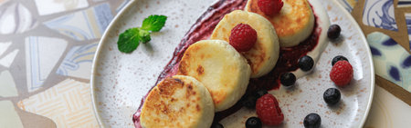 Cheesecakes served on plate with berries, cream and sugar powder ready for eating in restaurantの写真素材