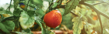 Red tomato with morning dewの写真素材
