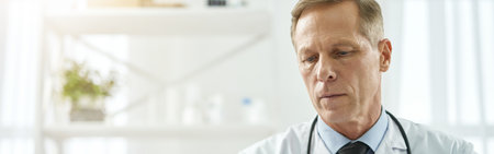 Handsome male doctor working in clinic or healthcare center