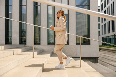 Stylish business woman talking phone while crossing on modern building background with coffeeの写真素材