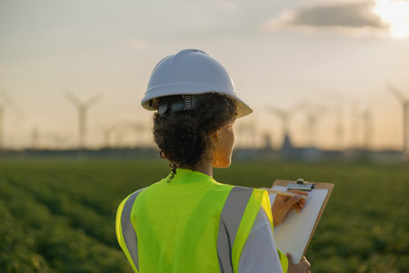 Back view of woman engineer in white helmet working with clipboard at renewable energy farm