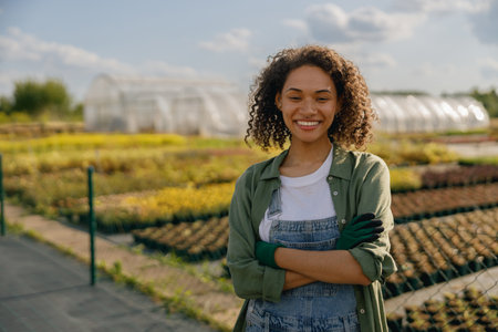 Smiling female agronomist standing on the field on greenhouses background. High quality photoの写真素材