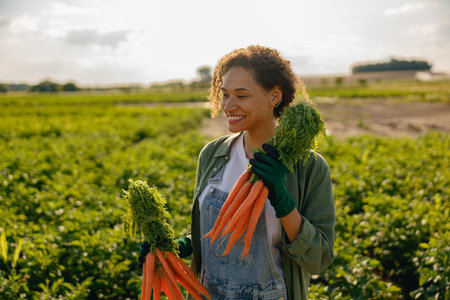 Smiling female farmer holding freshly picked carrots standing in field. Agro industry conceptの写真素材