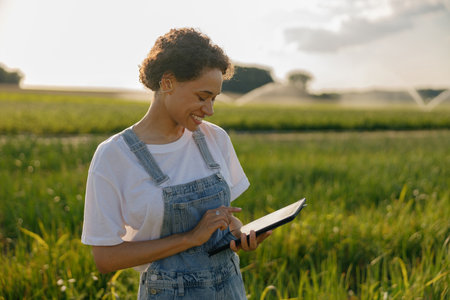 Professional woman agronomist with digital tablet works in field. High quality photo