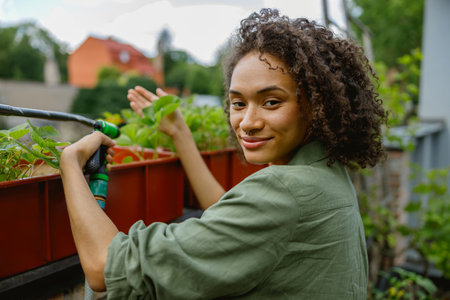 Female gardener is watering a plants in garden center. Concept of sustainability and growing organicの写真素材