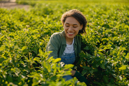 Smiling woman agronomist working with the plants on field. Agriculture conceptの写真素材