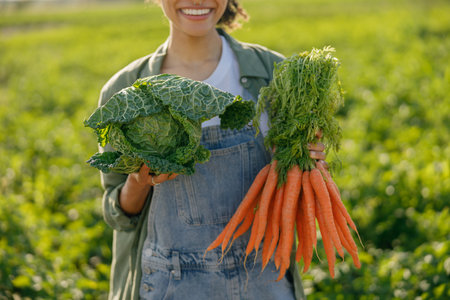 Close up of smiling female farmer standing with just harvested vegetables on the field backgroundの写真素材