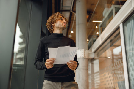 Focused entrepreneur working with documents standing on modern office background and looks awayの写真素材