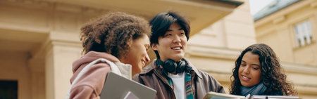 Young students talking and laughing together outdoor standing near campus and holding books