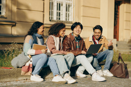 Smiling students with laptop is studying outdoors sitting near university. Education conceptの写真素材
