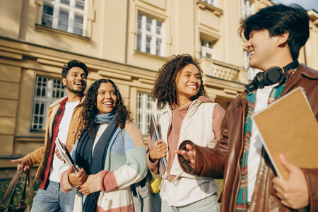 Happy students talking each other walking near university campus and holding books and laptopの写真素材