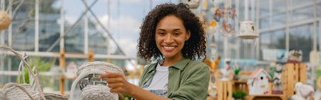 Smiling female garden shop seller working in flower store. Gardening conceptの写真素材