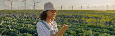 Female agronomist making notes in clipboard on cabbage field during harvesting. Agricultural conceptの写真素材