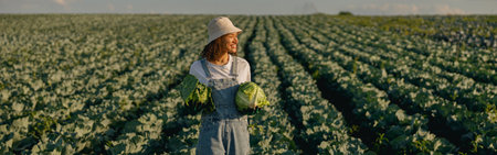 Professionl female farmer in uniform working in cabbage field during harvest. Agricultural activityの写真素材