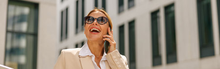Woman manager talking phone whiile standing on modern building background and drinking coffeeの写真素材