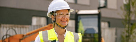 Smiling female construction worker in protective helmet standing against on construction background