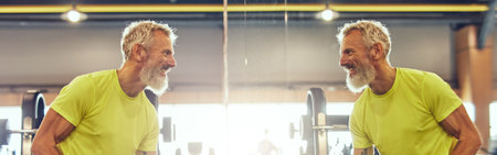 Exercising with weights. Side view of a handsome mature man in sportswear taking a dumbbells,...