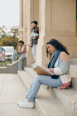 Female student making notes in notepad while sitting outside of university on friends backgroundの写真素材