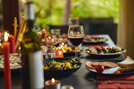Brunch table setting with different delicious food and beverages ready for friends home partyの写真素材