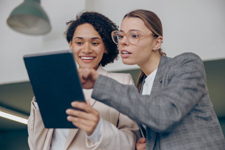 Smiling female coworkers discussing project standing in modern office and use digital tablet
