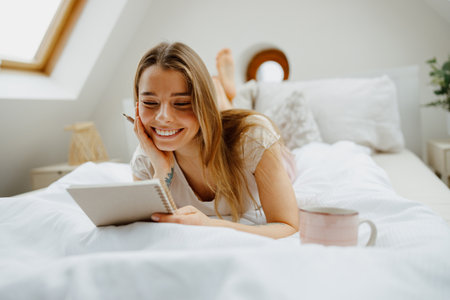 Blond happy woman reading notes in note pad while sitting on bed at homeの写真素材