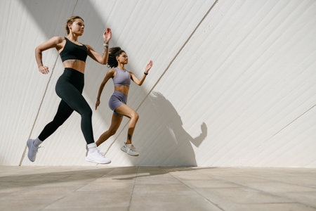 Two young women in sportswear are running on modern buildings background. Active lifestyle conceptの写真素材