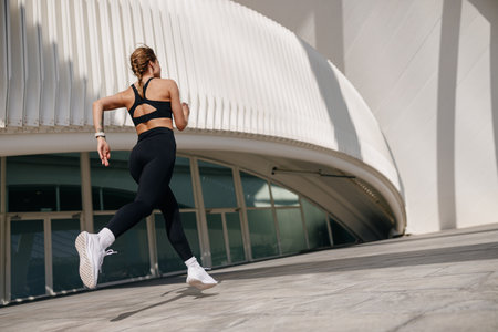 Back view of woman athlete is jogging in morning on modern building background. Healthy life conceptの写真素材