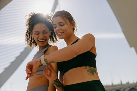 Smiling woman with female friend looking on smartwatch before exercising standing outdoorsの写真素材
