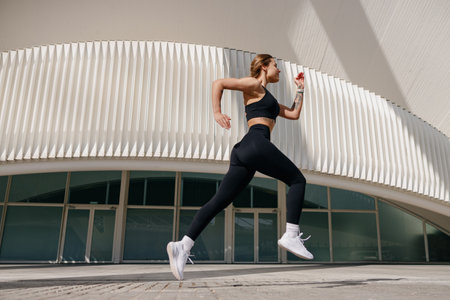 Active woman athlete is jogging on morning on modern building background. Healthy life conceptの写真素材