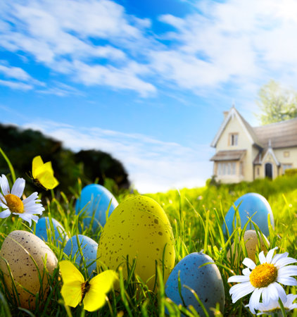art easter eggs on spring fieldのeditorial素材