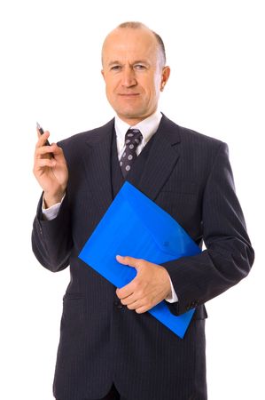 smiley businessman with pen and folder. isolated on whiteの写真素材