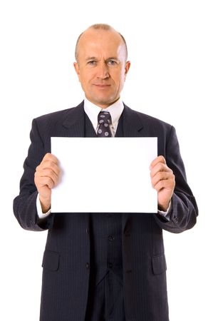 smiley businessman holding your message. isolated on whiteの写真素材