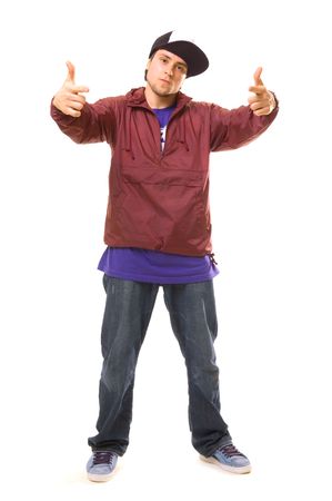 tough guy pointing at something. isolated on whiteの写真素材