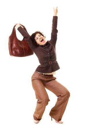 happy woman with handbag. isolated on whiteの写真素材