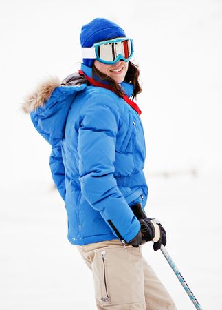 portrait of young woman on ski resortの写真素材