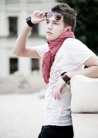 portrait of trendy teenager at the streetの写真素材