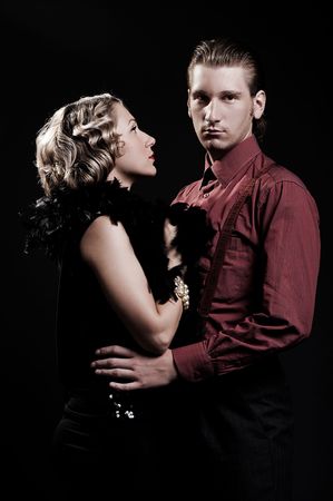 portrait of serious man and beautiful woman. retro styleの写真素材