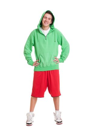 friendly guy in green jumper. isolated on whiteの写真素材