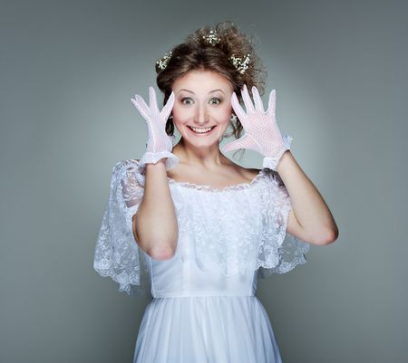 portrait of happy bride in beautiful white dressの写真素材