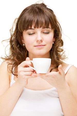 portrait of woman with white cup of coffeeの写真素材