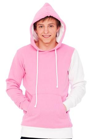 portrait of smiley guy in pink sweatshirt. isolated on white backgroundの写真素材