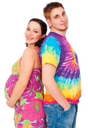 bright portrait of pregnant woman with her husbandの写真素材