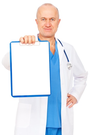 portrait of doctor holding empty clipboard の写真素材