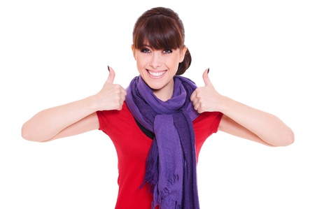 portrait of happy woman showing thumbs up. isolated on white backgroundの写真素材