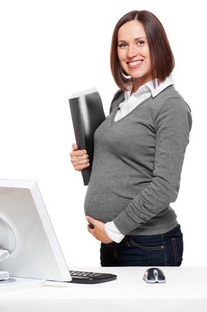 smiley pregnant woman holding documents. isolated on white background の写真素材