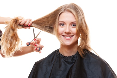 smiley model in hairdressing salon. isolated on white background の写真素材