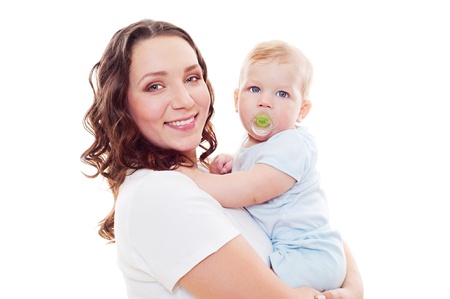portrait of smiley mother with son over white background 