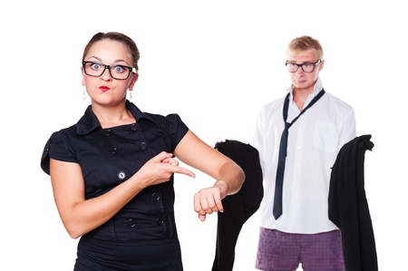 dissatisfied wife waiting her husband. isolated on white backgroundの写真素材