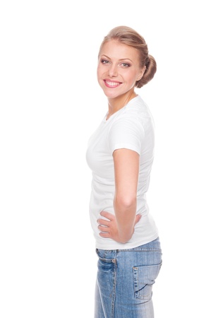 cheerful and happy woman looking at camera and smiling  isolated on white backgroundの写真素材