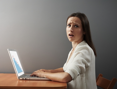 scared woman with laptop. concept photo of economic crisisの写真素材